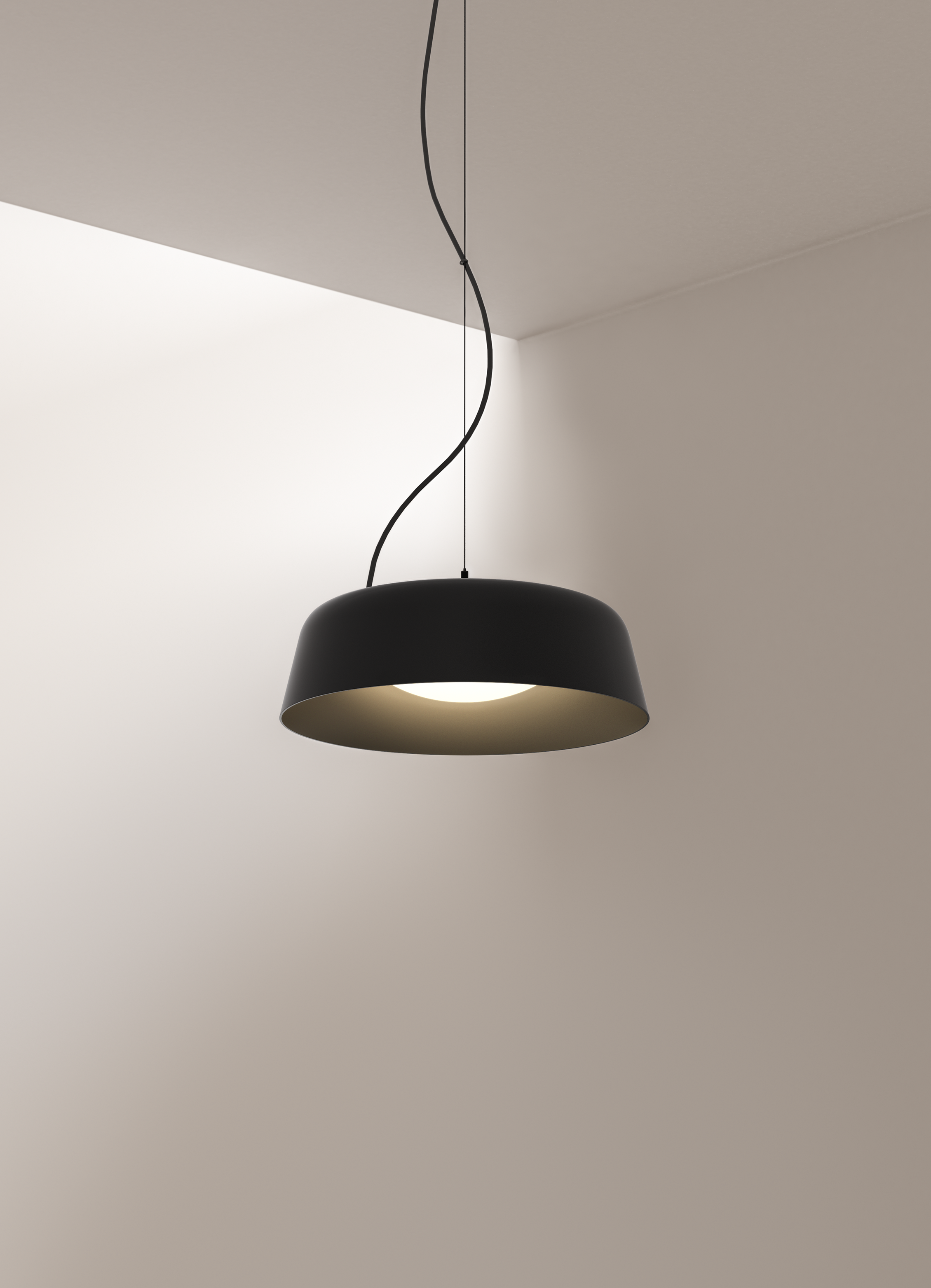 Bowl LED pendant luminaire in metal matt black powder-coated.