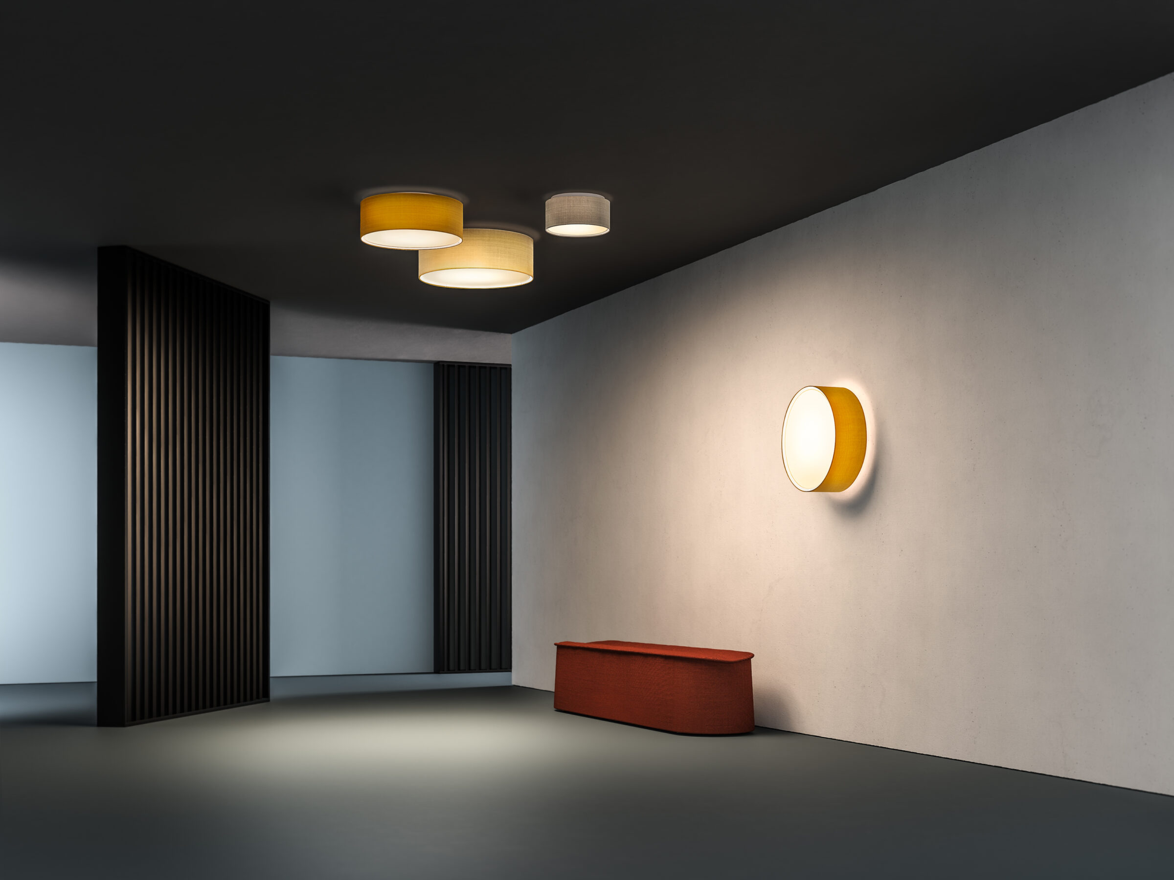 Group of CYLS EYE wall and ceiling lamps in dupion silk in a corridor