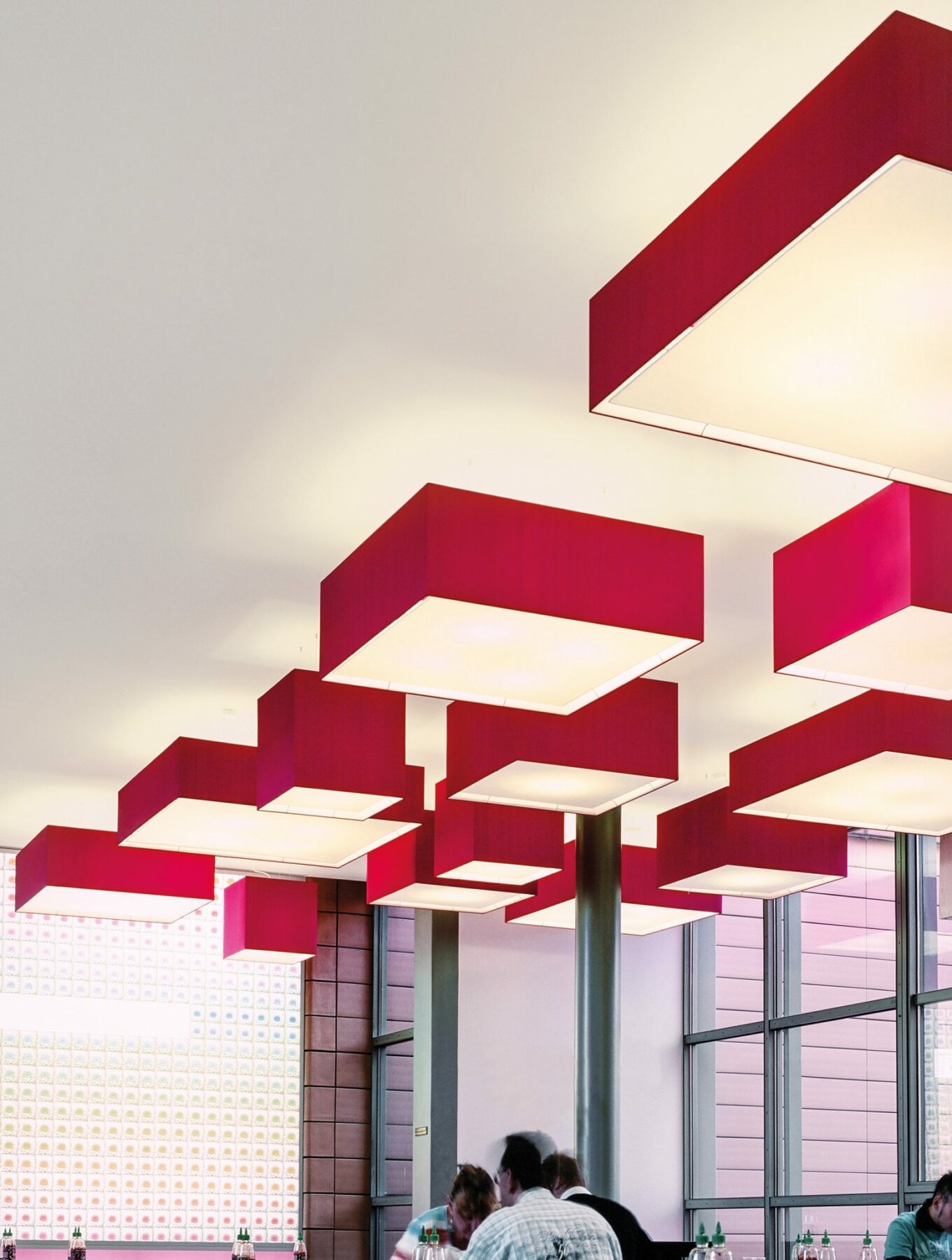 CUBIC FRAME ceiling lights in special sizes with dupion silk in pink.